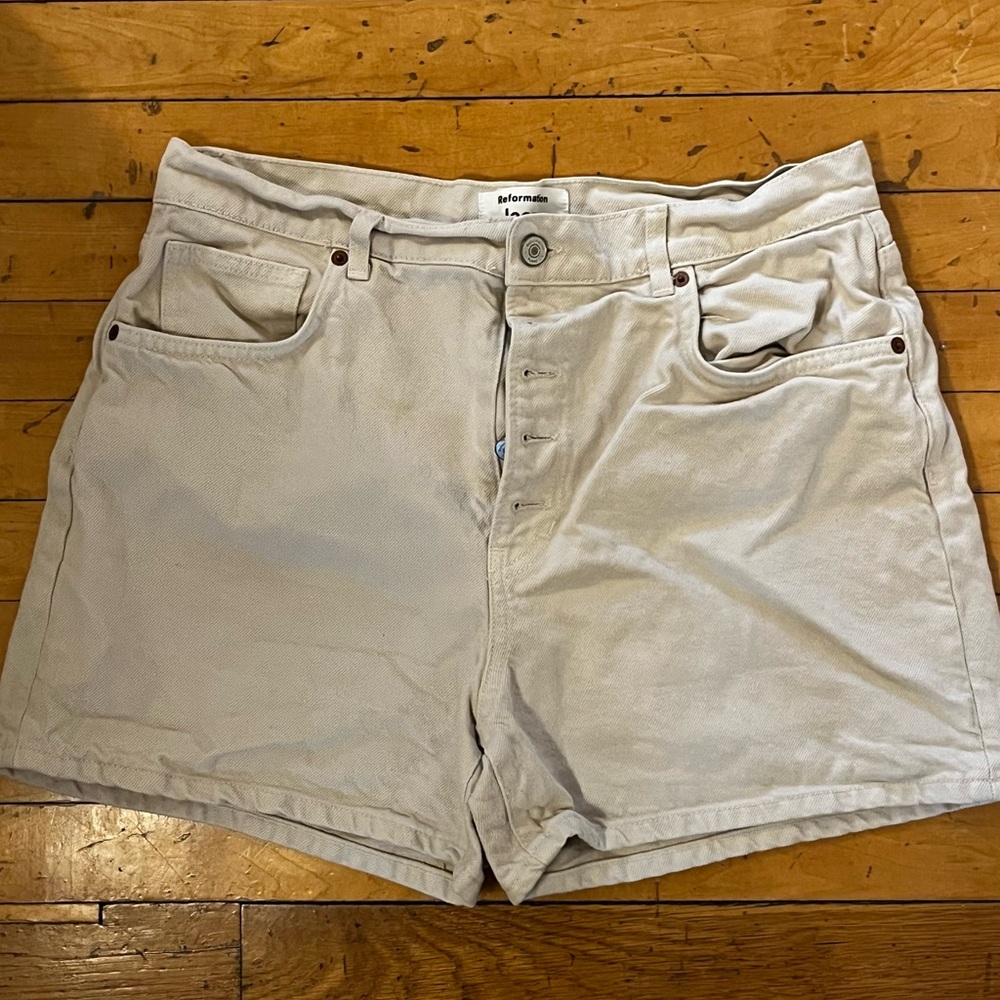 Reformation Cream High-Waist Denim Shorts